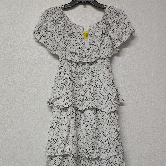 White and Black Polka Dot Ruffle Off-Shoulder Tiered Midi A-line Dress - Small - Picture 1 of 4